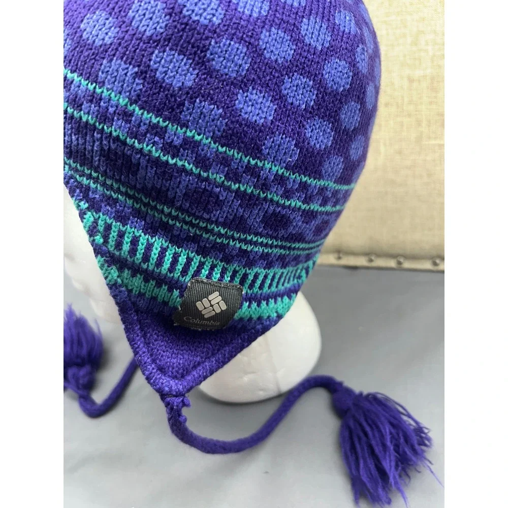 Columbia Youth Winter Hat Fleece‎ Lined Earmuffs Tassels Purple Blue
